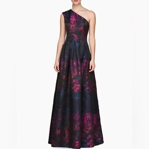 Kay Unger Cara One-Shoulder Gown in Dark Ink Cerise, Size 16